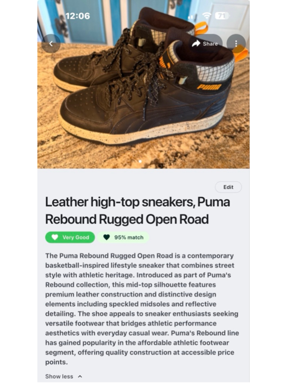 Women’s Puma Rebound Rugged Open Road Black Orange High-Top Sneakers Size 9 - Picture 5 of 6